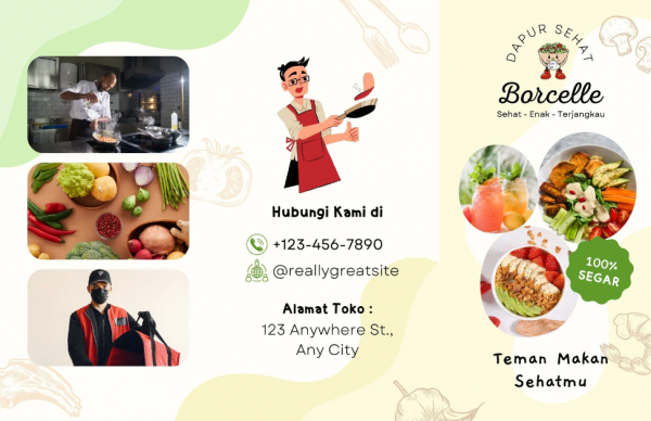 Desain brosur katering dengan tema makanan sehat